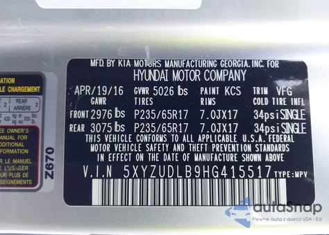 2017 Hyundai Santa Fe Sport 2.4L from USA, damaged, VIN 5XYZUDLB9HG415517